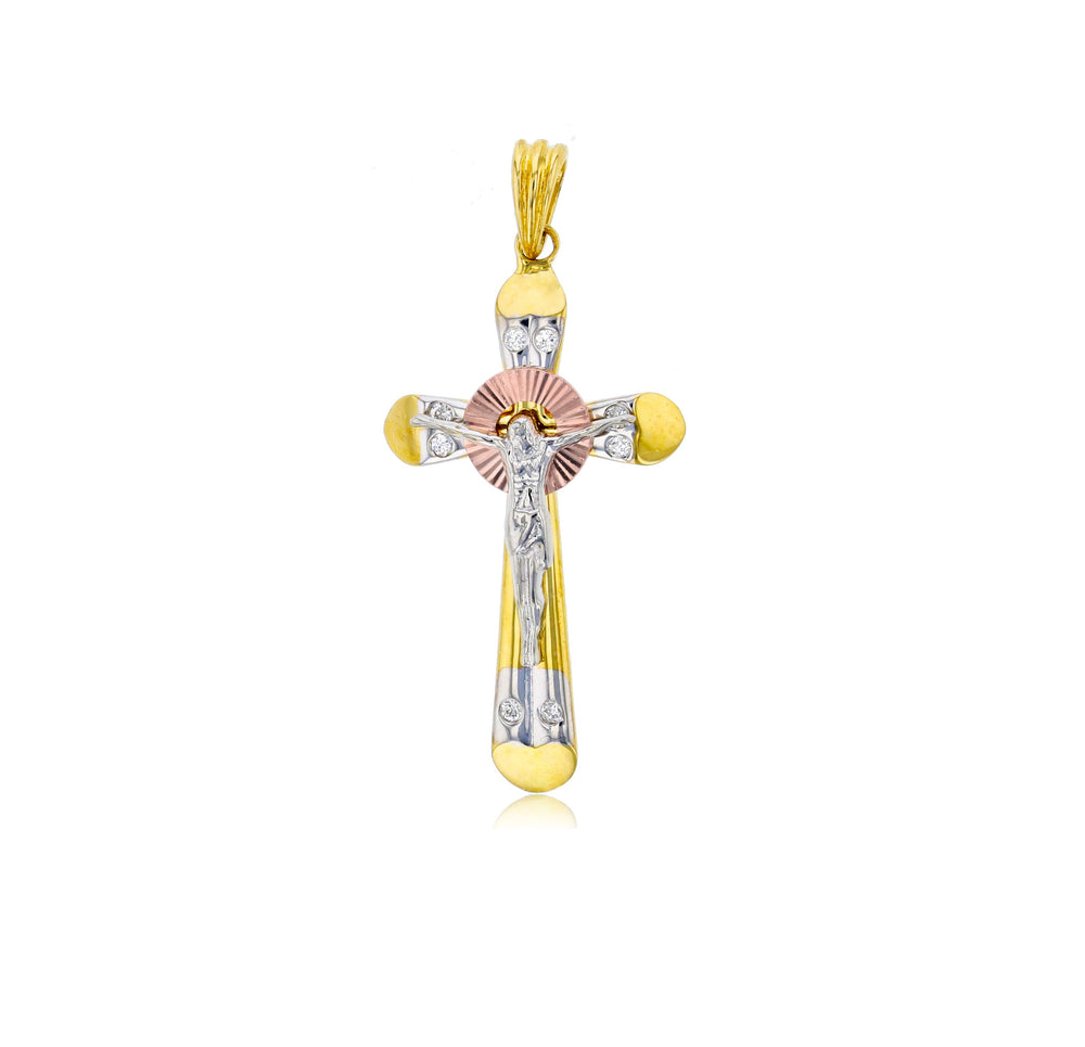 Tricolor Zirconia Crucifix Pendant (14K)