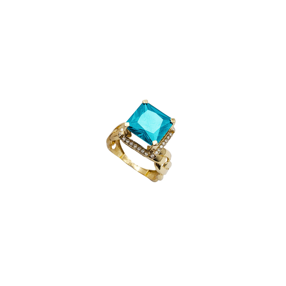 Cuban Link Aquamarine Cz Square Stone Ring (14K)