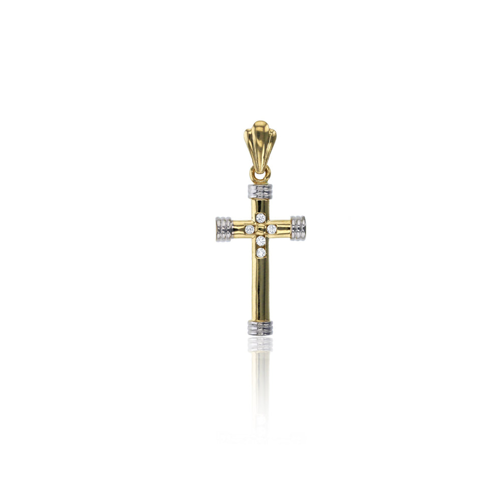 Two-tone Pave Clear CZ Cross Pendant (14K)