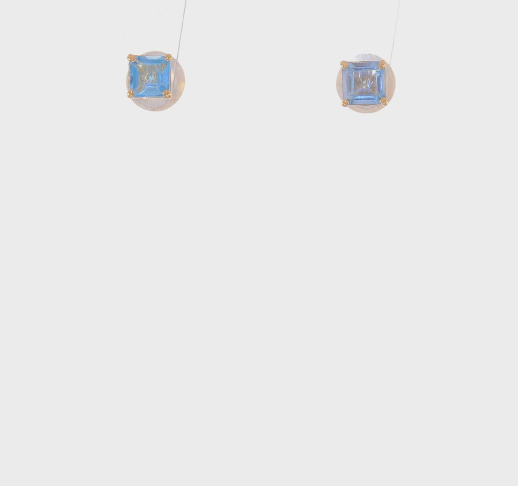Square Blue Topaz Stud Earrings (14K) 360 - Popular Jewelry - New York