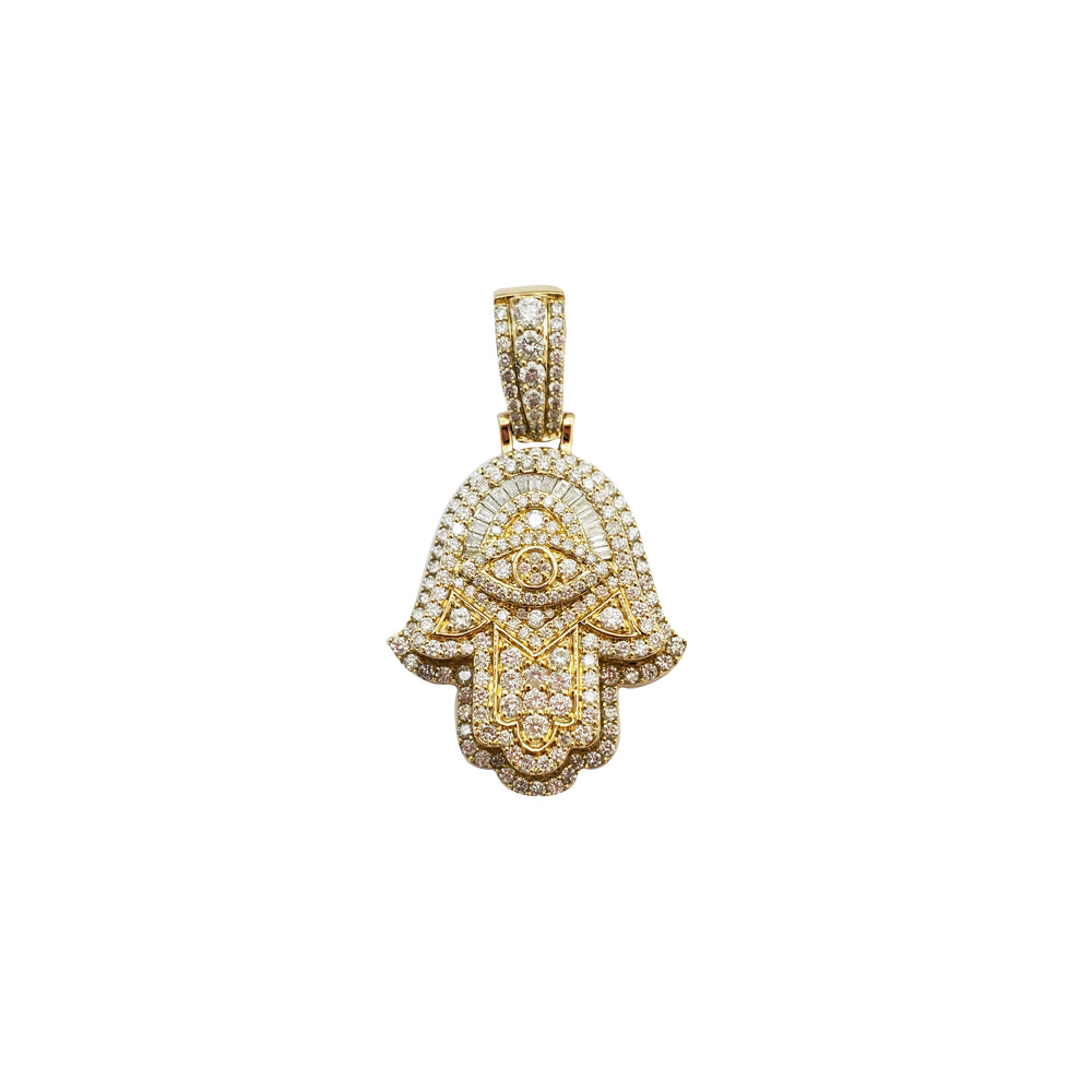 Diamond Baguette & Round Hamsa Pendant (14K)