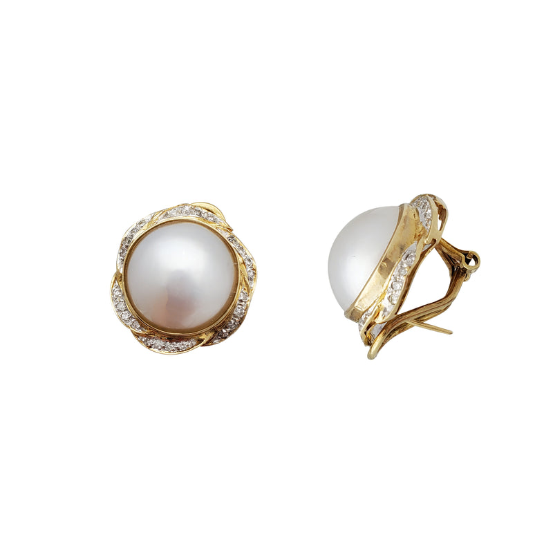 Diamond Swirl Frisbee South Sea Pearl Earrings (14K)