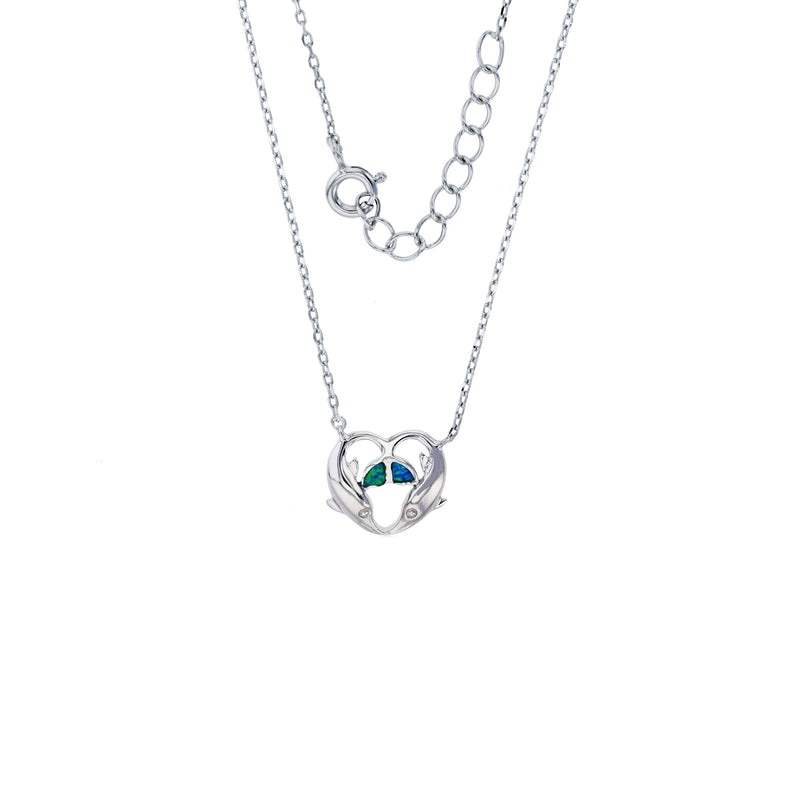 Blue Opal Dolphin Heart Necklace (Silver)