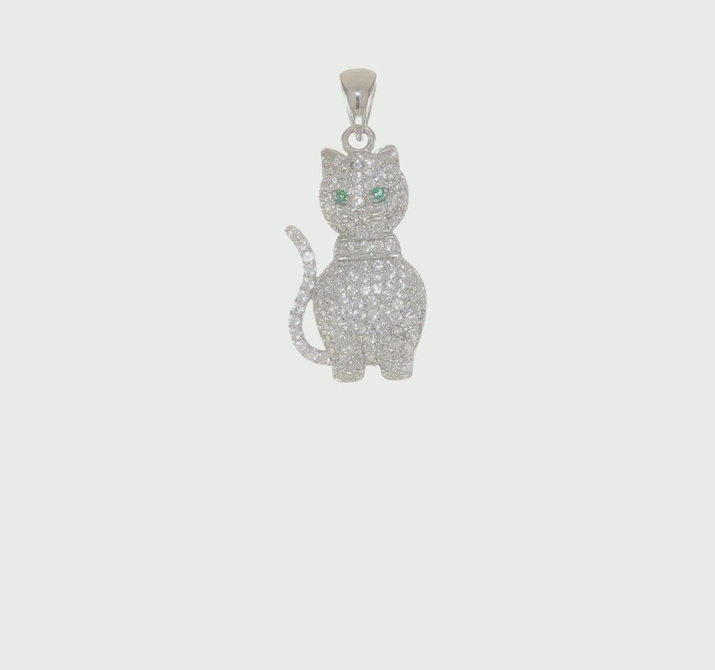 Icy Green-Eye Cat Pendant (Silver) 360 - Popular Jewelry - New York