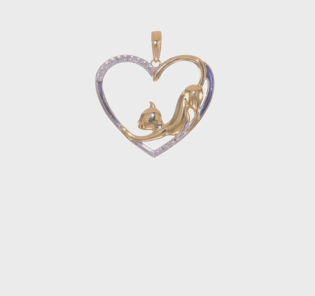 Stretching Cat Heart Frame Pendant (14K) 360 - Popular Jewelry - New York