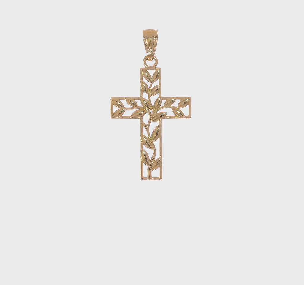 Evergreen Leaf Cross Pendant (14K) 360 - Popular Jewelry - New York