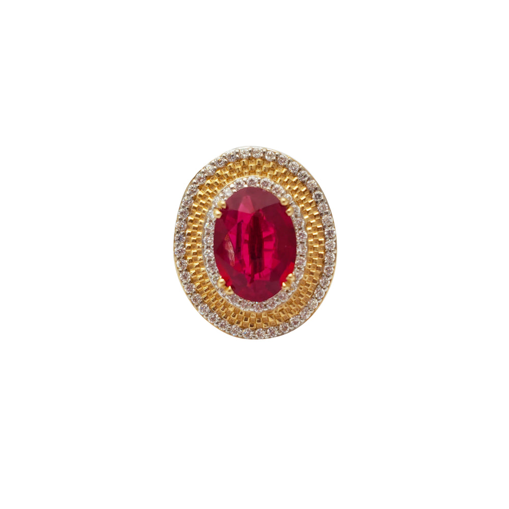 Oval Shape Cubic Zirconia Red Stone Ring (14K)