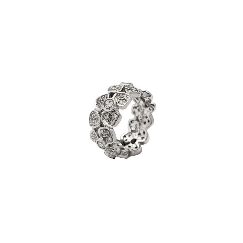 Cubic Zirconia Flower Eternity Band Ring (Silver)