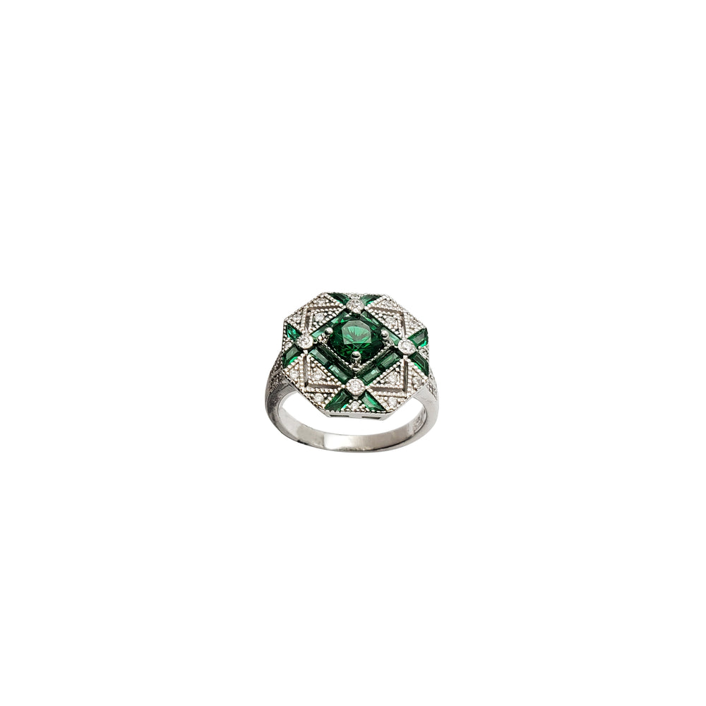 Octagonal Lattice Verdant Stone Cocktail Ring (Silver)
