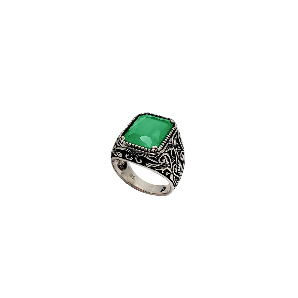 Antique-Finish Green Stone Men Ring (Silver)