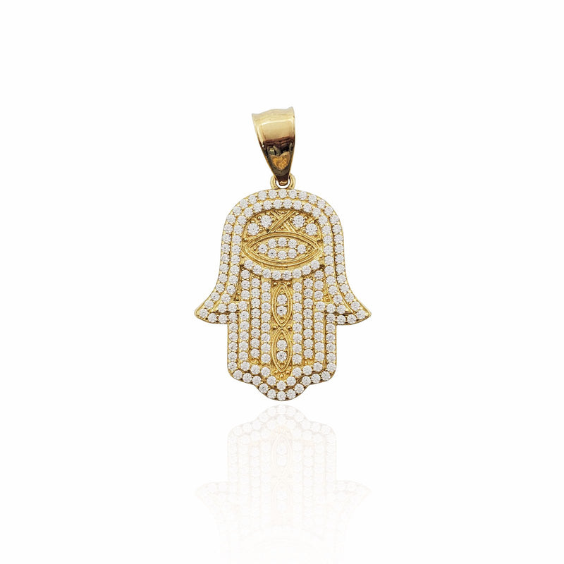 Yellow Gold Iced-Out CZ Hamsa Pendant (14K)
