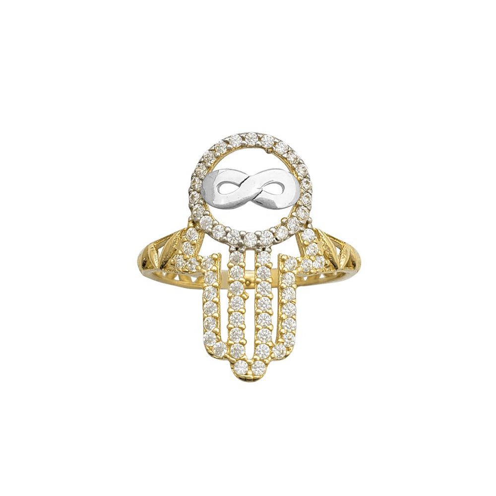 Two-Tone Iced-Out Infinity & Hamsa Ring (14K)