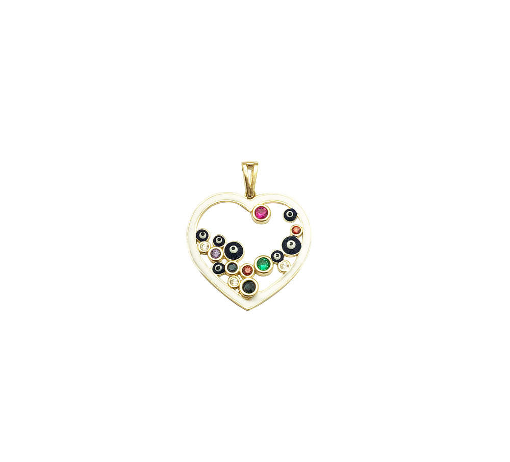 Enamel Heart Frame with  Evil Eye Pendant (14K)