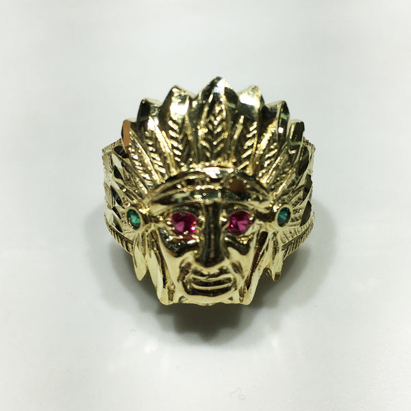 Indian Head Ring (Gemstone Eyes) 10K Yellow Gold - Popular Jewelry