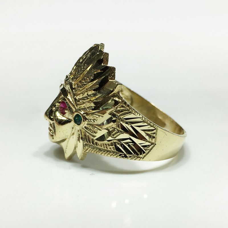 Indian Head Ring (Gemstone Eyes) 10K Yellow Gold Side View - Popular Jewelry