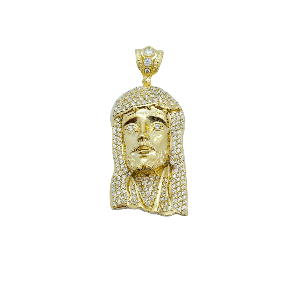 Cubic Zirconia Lightweight Jesus Head Pendant (14K)