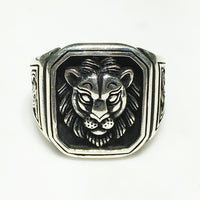 Anell de visatge de lleó amb emmarcat d'acabat antic (plata) - Popular Jewelry