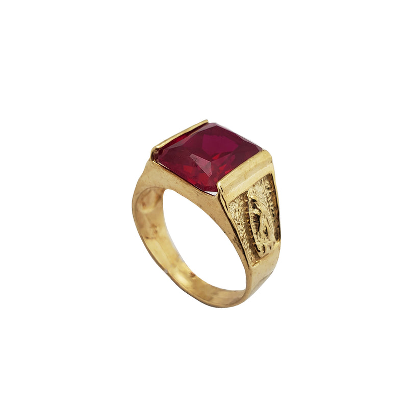 Virgin Mary Semi-Bezel Red Gemstone Ring (14K)