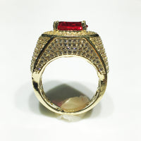 Men's Iced-Out Red Stone Ring 14K Cubic Zirconia Ruby - Popular Jewelry