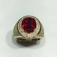 Men's Iced-Out Red Stone Ring 14K Cubic Zirconia Ruby - Popular Jewelry