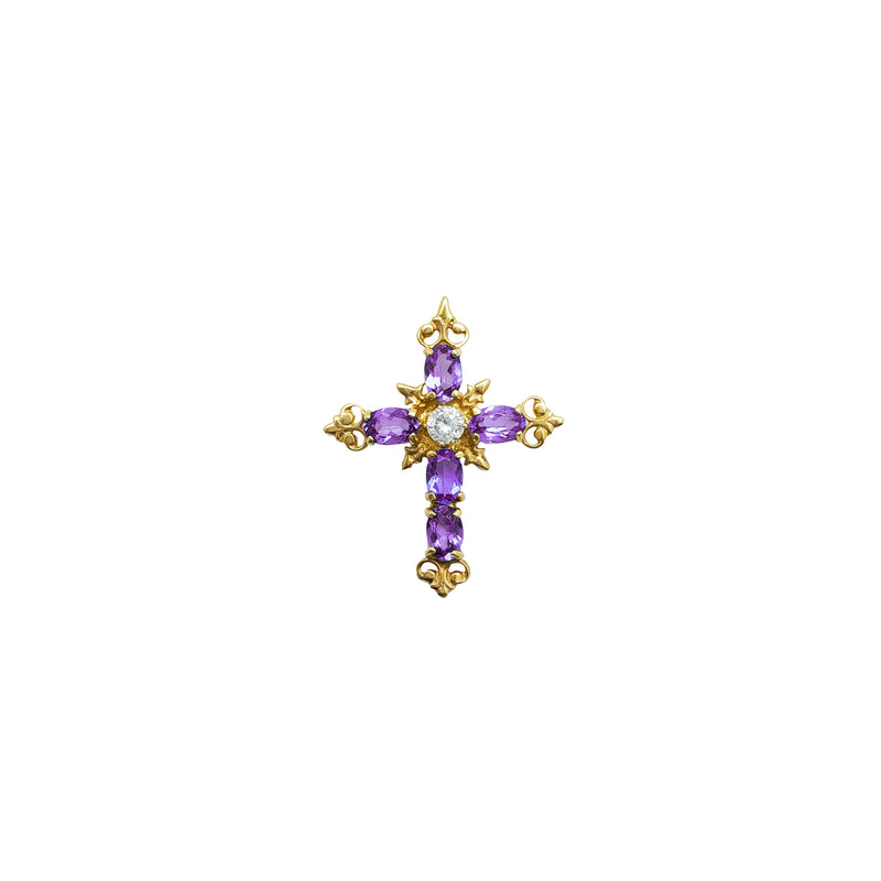 Purple Zirconia Textured Filigree Cross Pendant (14K)