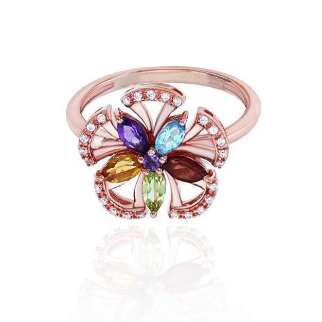 Multicolor Petal Diamond Flower Ring (14K)