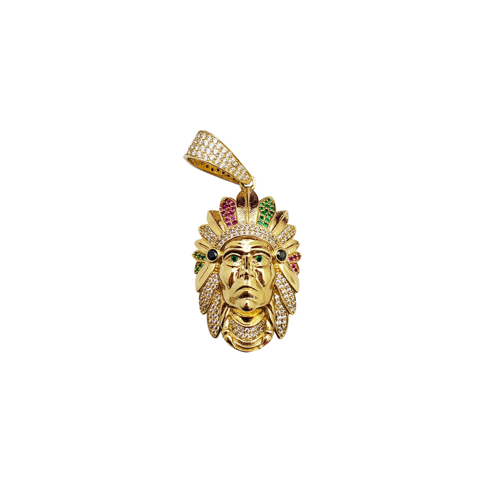 Iced-Out Multicolor Indian Head Pendant (14K)