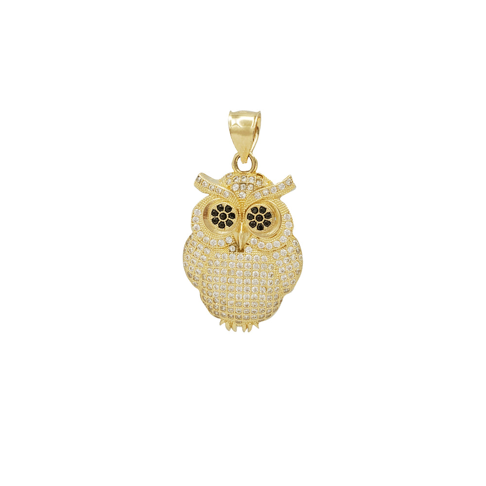 Zirconia Iced-Out Black Eyes Owl Pendant (14K)