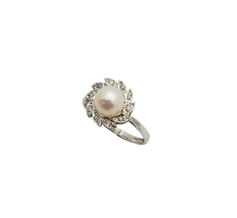 Diamond Flower Pearl Ring (14K)