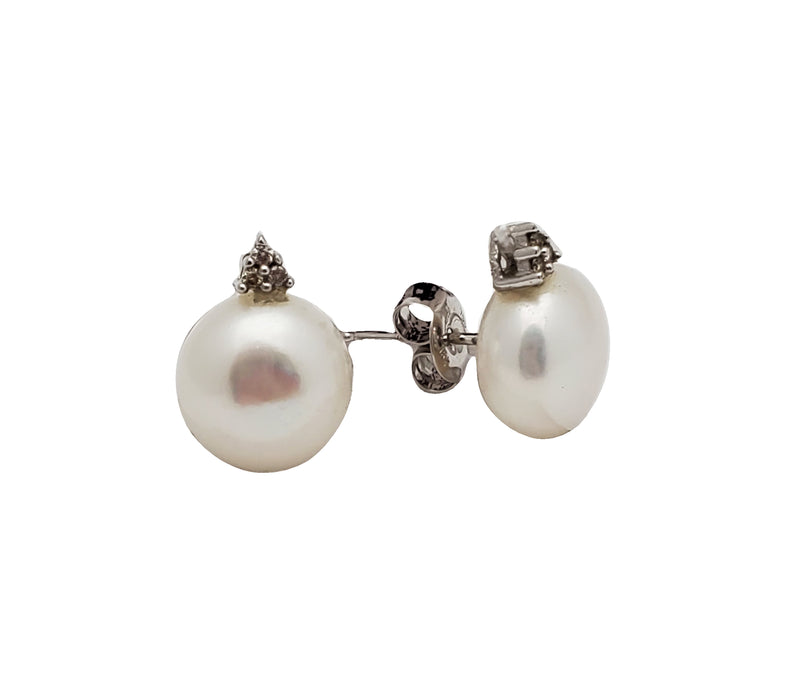 Diamond Caplet Pearl Stud Earrings (14K)