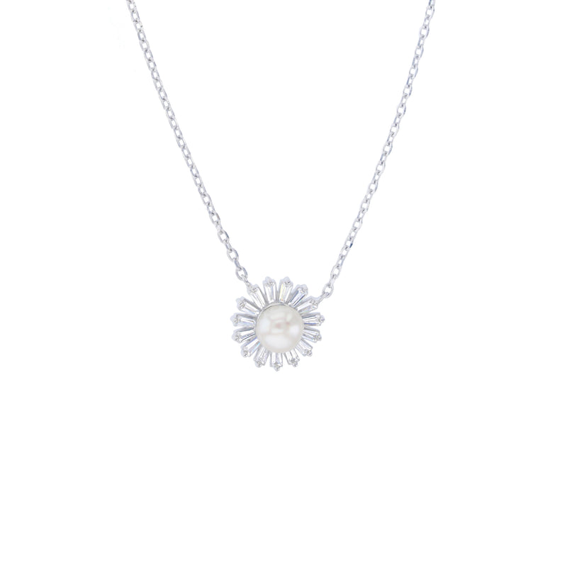 Baguette Pearl Necklace (Silver)