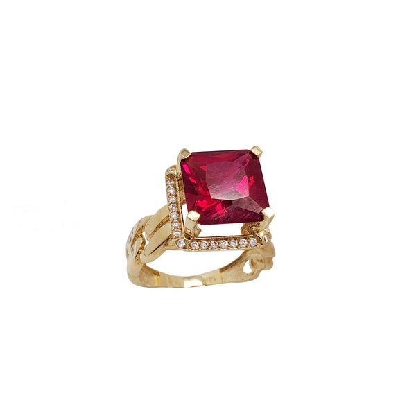 Cuban link  Square Red Stone CZ Lady Ring (14K)