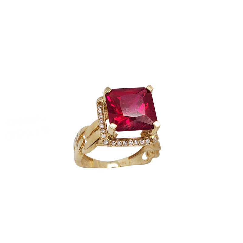 Cuban link  Square Red Stone CZ Lady Ring (14K)