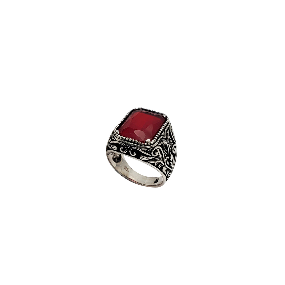 Antique-Finish Red Stone Men Ring (Silver)