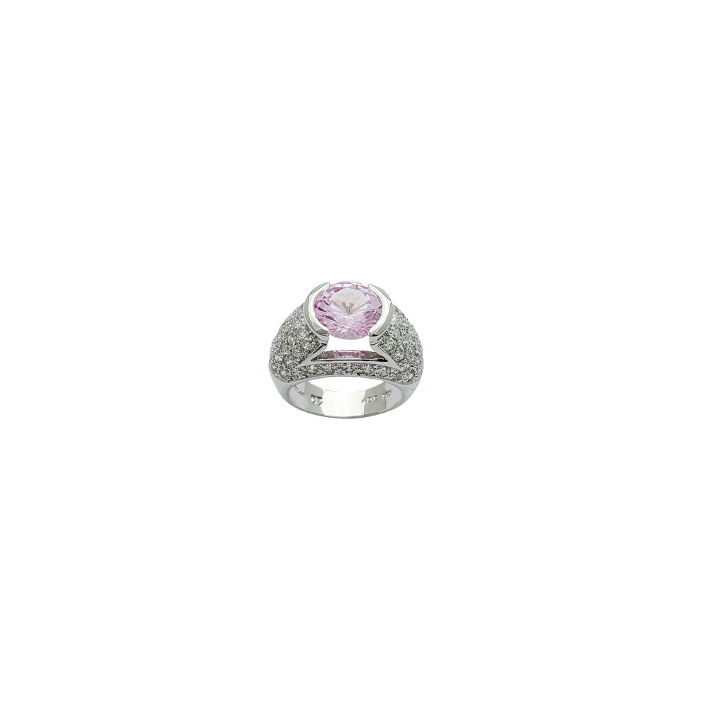 Iced-Out Pink CZ Round Shape Ring (Silver)