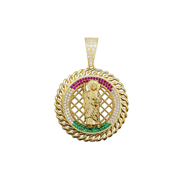 [Iced-Out Bail] Multicolor Round Saint Jude Pendant (14K)
