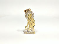 中间：一个10克拉黄金圣拉撒路吊坠，由立方氧化锆装饰，光环高50毫米，由 Popular Jewelry 在纽约市