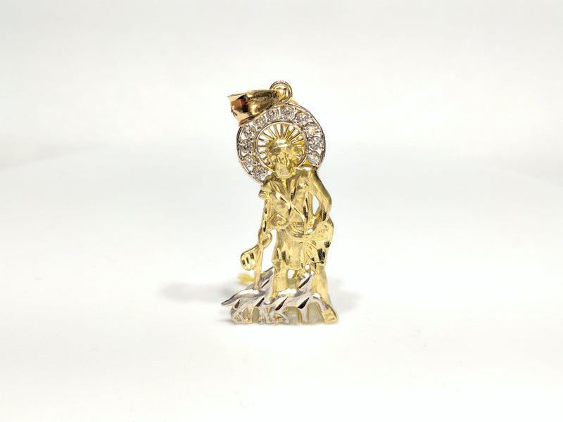 In the center: a 10 karat yellow gold Saint Lazarus pendant with cubic zirconia adorned halo standing 50 mm tall made by Popular Jewelry in New York City