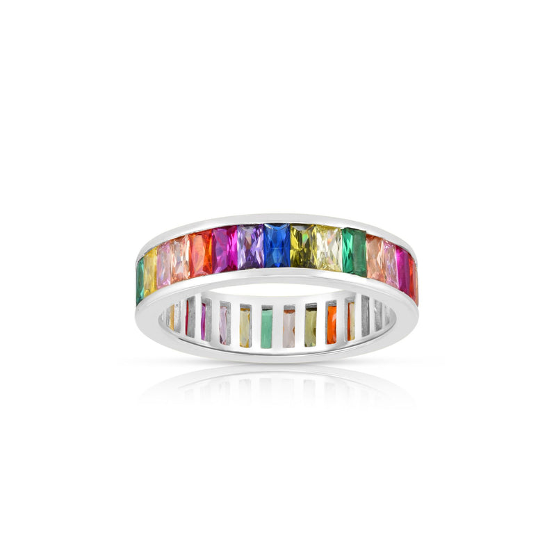 Rainbow Baguette Channel Eternity Ring (Silver) front - Popular Jewelry - New York