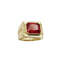 Horizontal Radiant-Shape Red Zirconia Greek Key Men's Ring (14K)