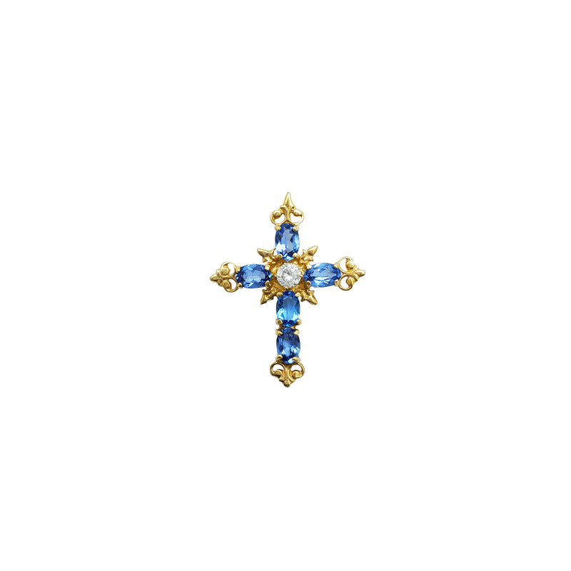 Tanzanian Blue Stone CZ Cross Pendant (14K)