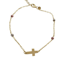 Tricolor Cross and Bead Bracelet (14K).
