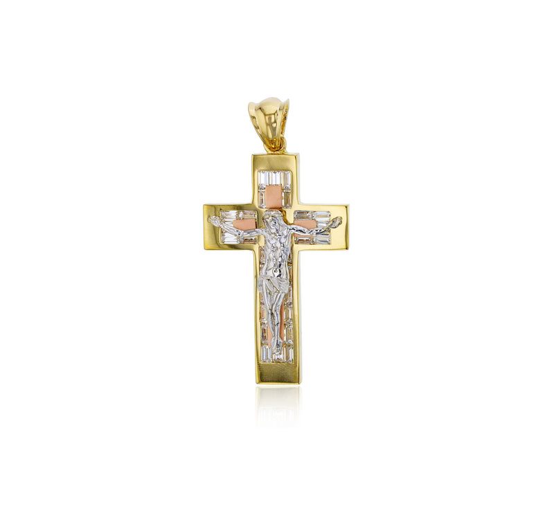 Tricolor Baguette CZ Jesus Cross Pendant (14K)