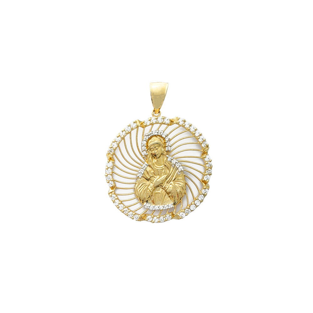 Virgin Mary Iced Border Spiral Medallion Pendant (14K)