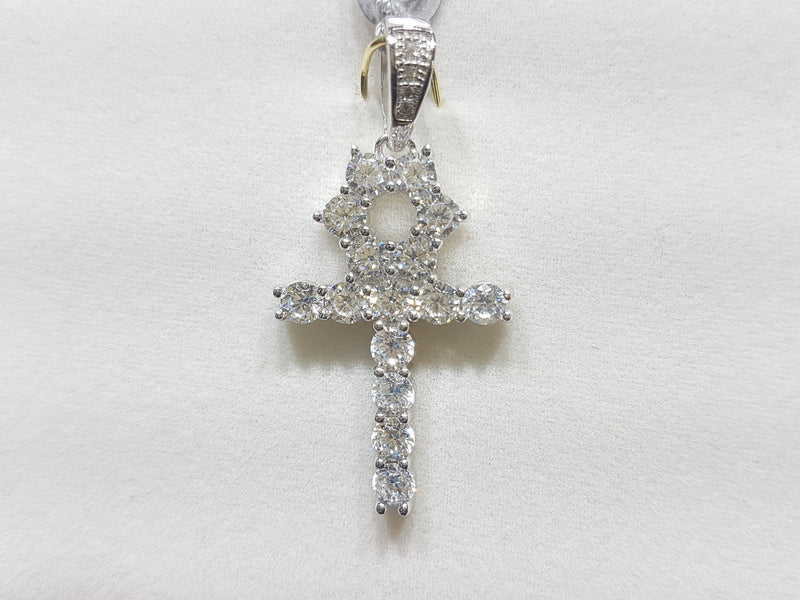 Small sterling silver ankh set with cubic zirconia in direct view - Popular Jewelry